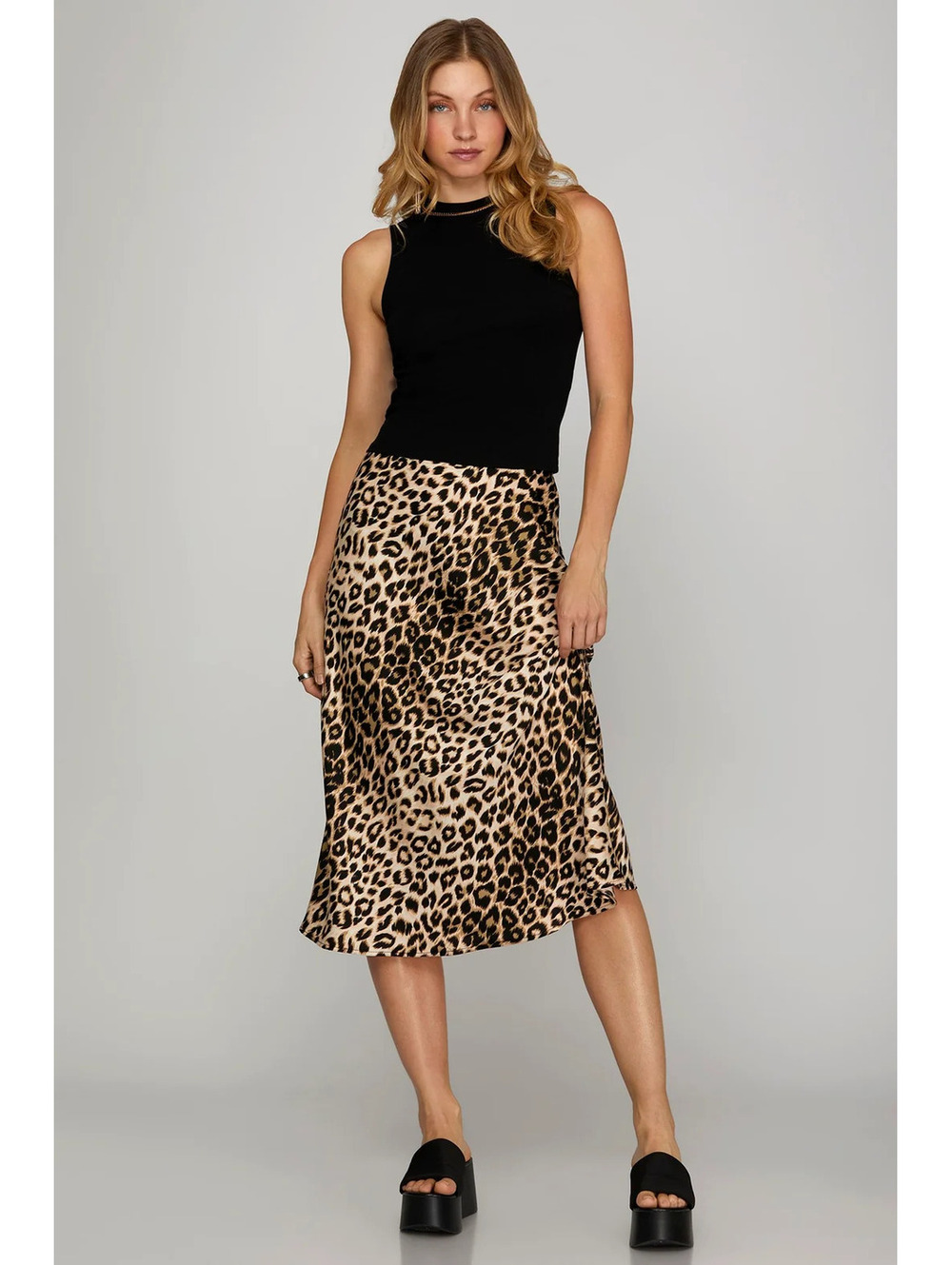 She Sky Leopard Print Satin Midi Skirt Womens Large Animal Print Slip Skirt
